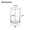 Glass cup dimensions labeled with height, diameter, and capacity.
