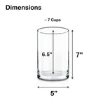 Glass cup dimensions labeled with height, diameter, and capacity.