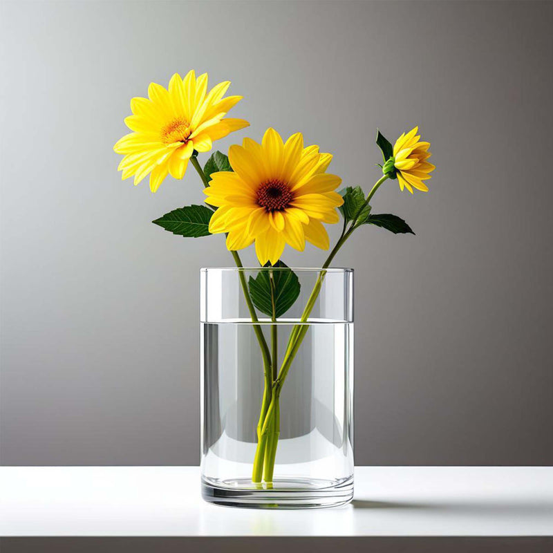 Clear glass vase with yellow sunflowers on a gray background
