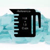 Black measuring cup icon with text on a light blue background