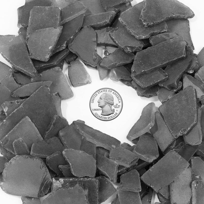 Black stone chips with a quarter coin in the center for scale