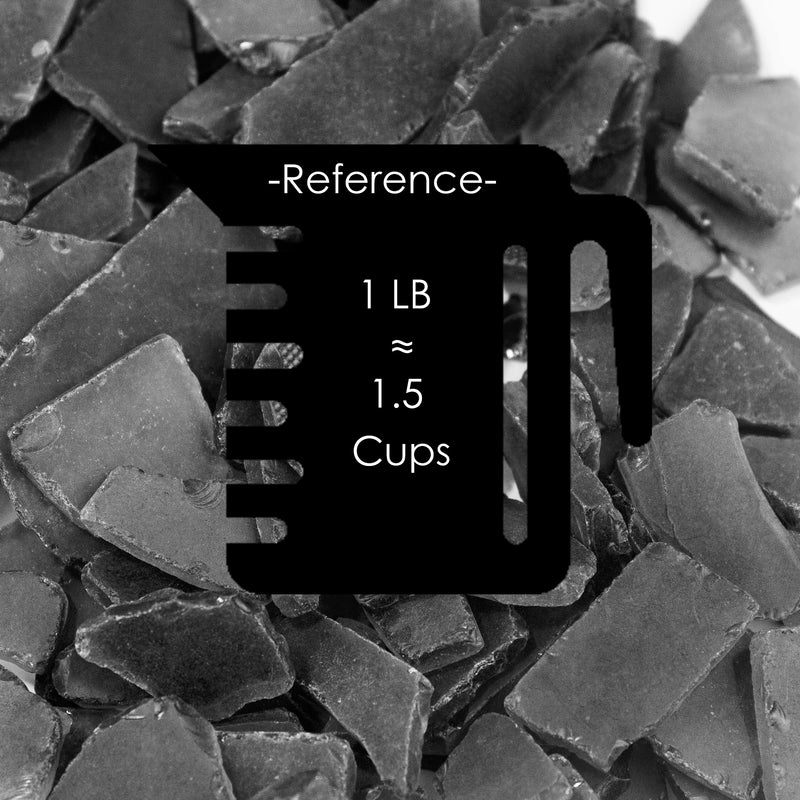 Close-up of dark-colored granules with measurement label '1 LB ≈ 1.5 Cups'.