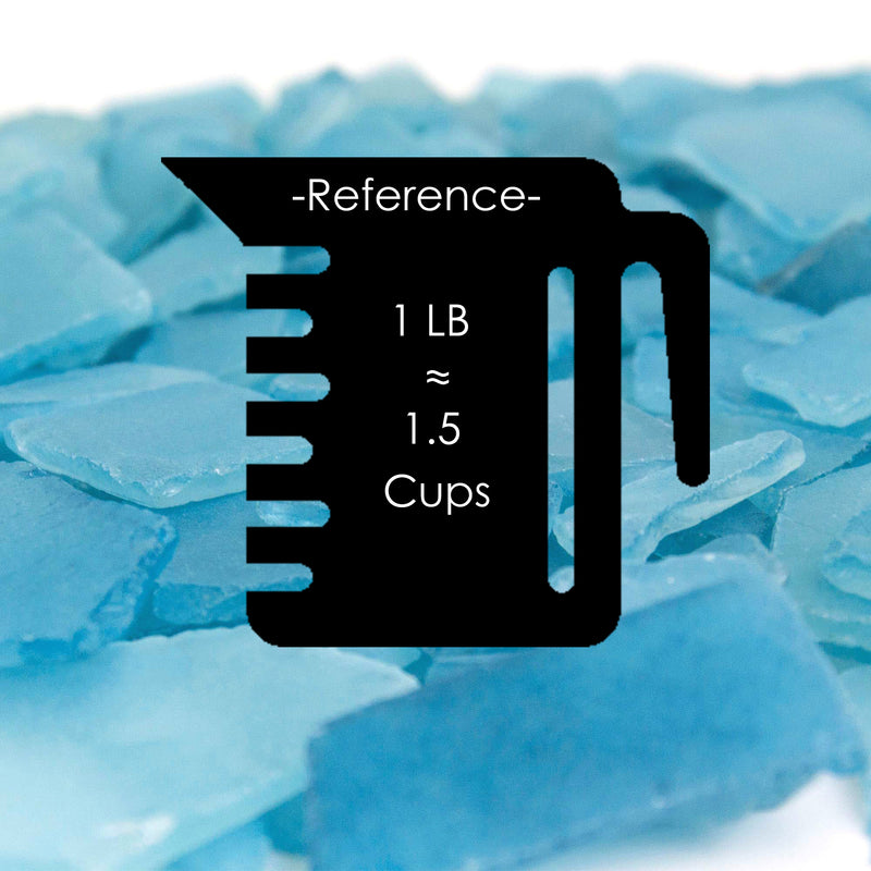 Measurement icon with text '1 LB ≈ 1.5 Cups' over a background of blue stones.