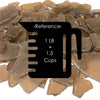 Pile of brown chocolate pieces with a reference icon and measurement text.