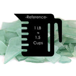 Measurement guide for sea glass with conversion to cups on a white background
