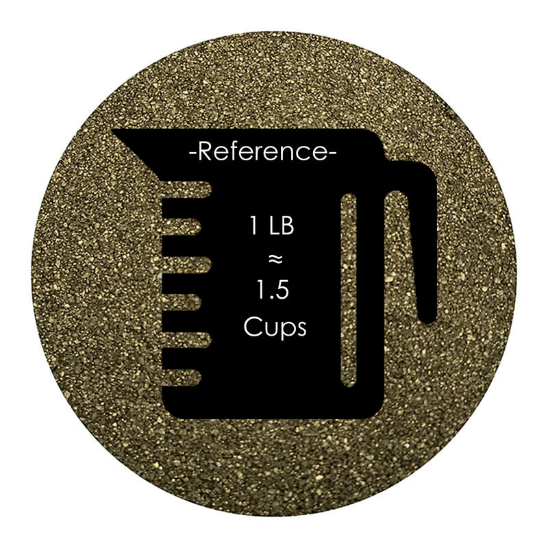 gold colored sand arranged in a circular shape on a white background colored sand in a circular shape with a measuring cup showing quantity.