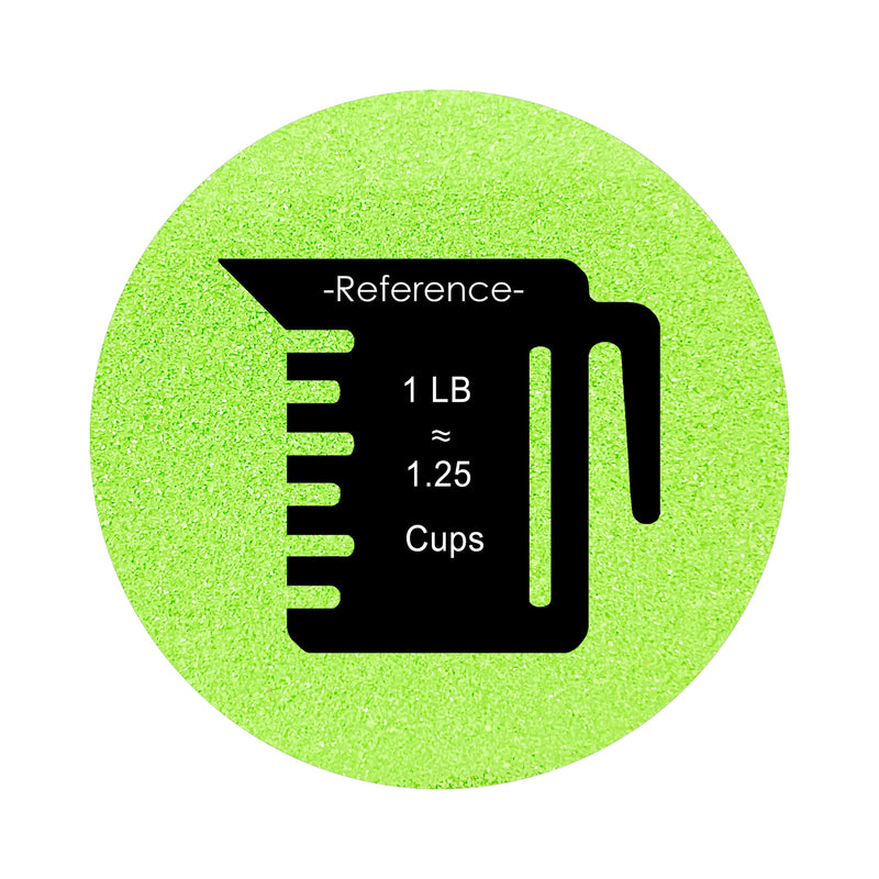 Lime Green colored sand arranged in a circular shape on a white background colored sand in a circular shape with a measuring cup showing quantity.