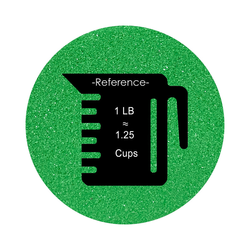 Hills Green colored sand arranged in a circular shape on a white background colored sand in a circular shape with a measuring cup showing quantity.
