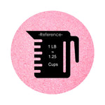 Hot Pink colored sand arranged in a circular shape on a white background colored sand in a circular shape with a measuring cup showing quantity.