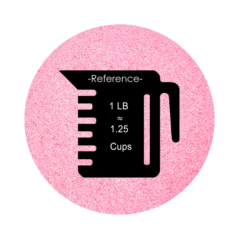 Hot Pink colored sand arranged in a circular shape on a white background colored sand in a circular shape with a measuring cup showing quantity.