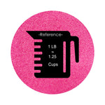 Dark Pink colored sand arranged in a circular shape on a white background colored sand in a circular shape with a measuring cup showing quantity.