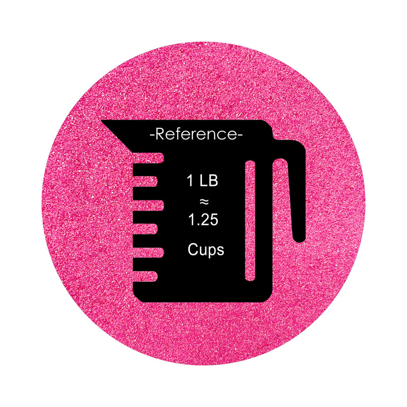 Dark Pink colored sand arranged in a circular shape on a white background colored sand in a circular shape with a measuring cup showing quantity.