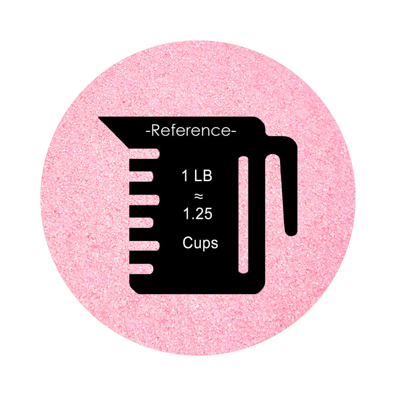 Light Pink colored sand arranged in a circular shape on a white background colored sand in a circular shape with a measuring cup showing quantity.