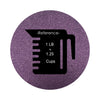 Dark Purple colored sand arranged in a circular shape on a white background colored sand in a circular shape with a measuring cup showing quantity.