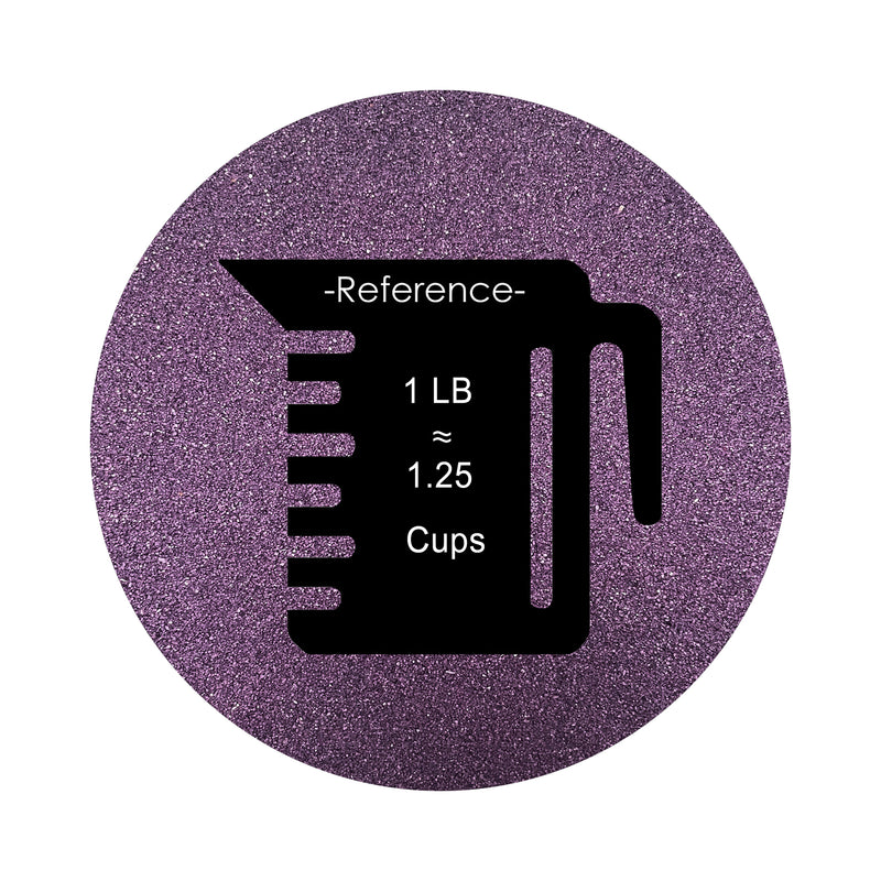 Dark Purple colored sand arranged in a circular shape on a white background colored sand in a circular shape with a measuring cup showing quantity.