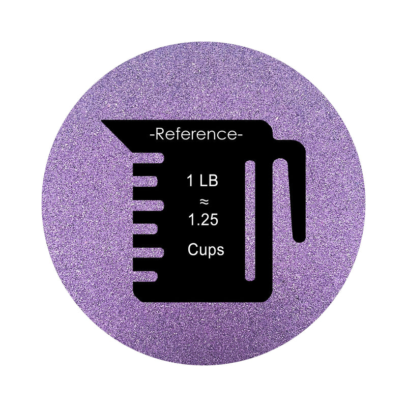Violet Purple colored sand arranged in a circular shape on a white background colored sand in a circular shape with a measuring cup showing quantity.