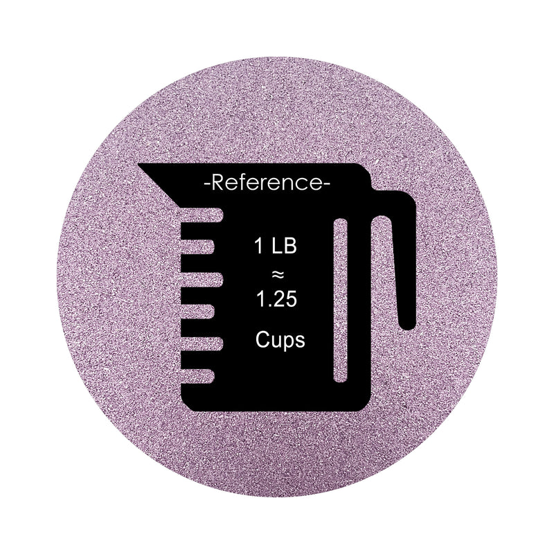 violet colored sand arranged in a circular shape on a white background colored sand in a circular shape with a measuring cup showing quantity.