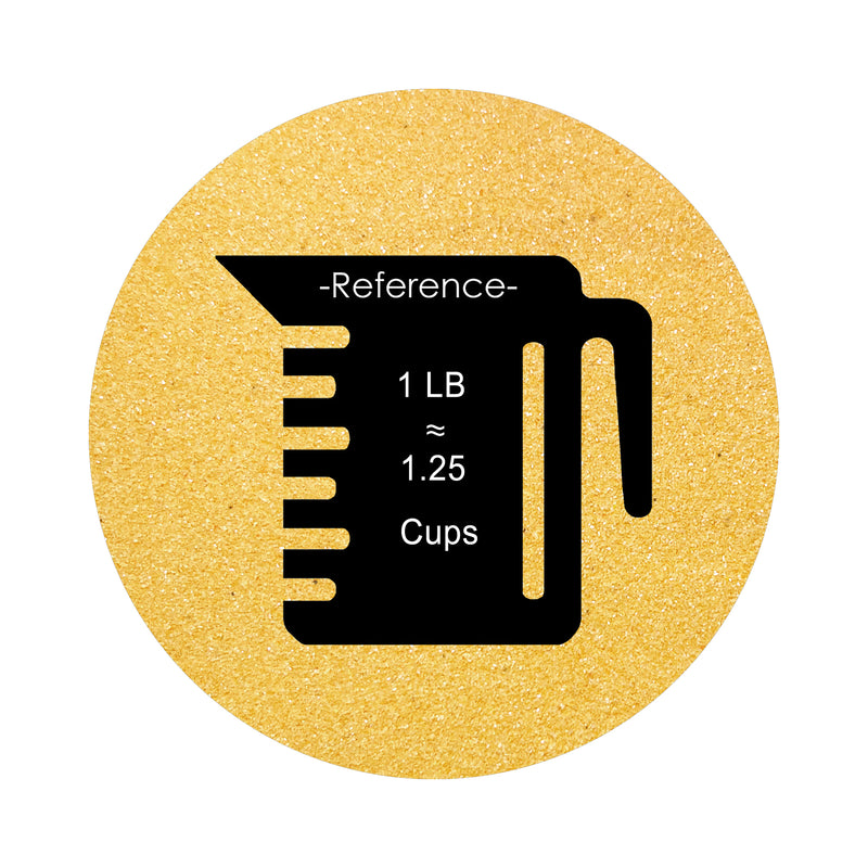 Mustard Yellow colored sand arranged in a circular shape on a white background colored sand in a circular shape with a measuring cup showing quantity.