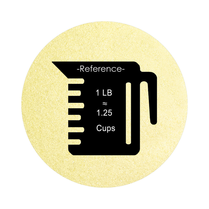 Buttermilk Yellow colored sand arranged in a circular shape on a white background colored sand in a circular shape with a measuring cup showing quantity.