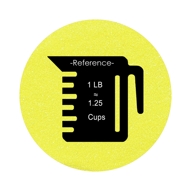 Lemon Yellow colored sand arranged in a circular shape on a white background colored sand in a circular shape with a measuring cup showing quantity.