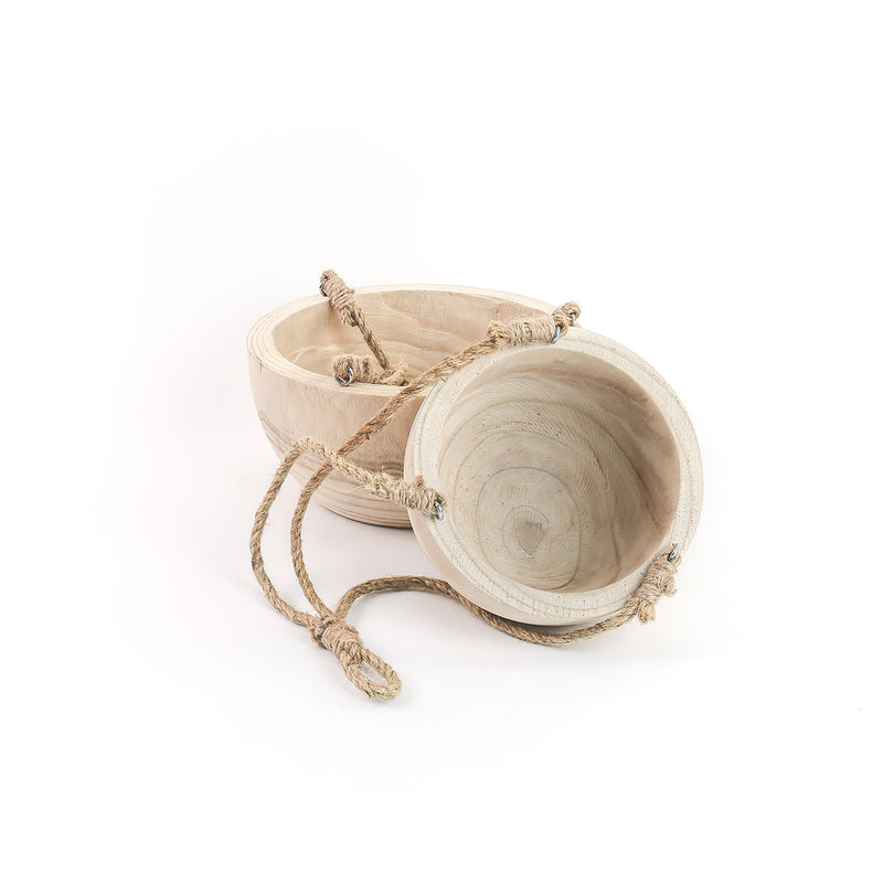 Wooden bowls with rope handles on a white background