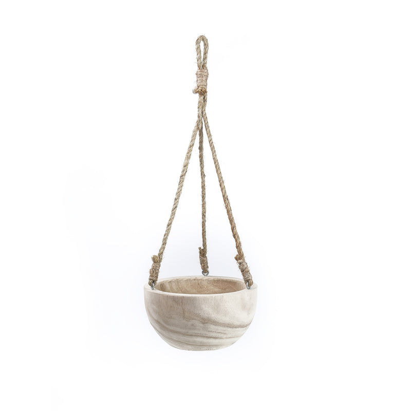 Beige hanging planter with rope on a white background