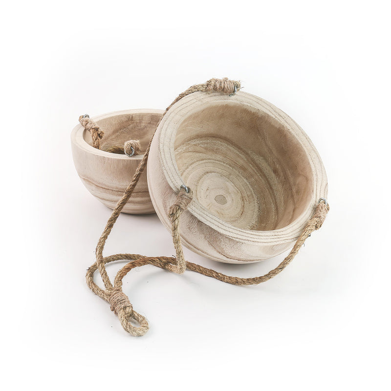 Wooden bowls with rope handles on a white background