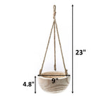 Wooden hanging planter with measurements on a white background