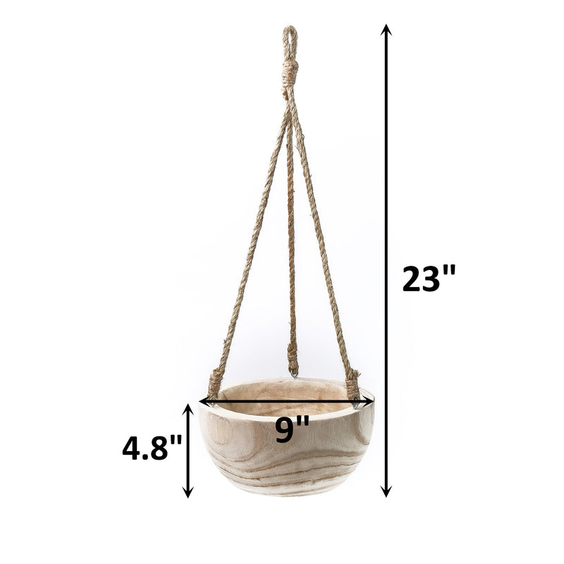 Wooden hanging planter with measurements on a white background