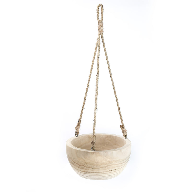 Beige hanging planter with rope on a white background