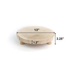 Wooden round stand with dimensions labeled on a white background