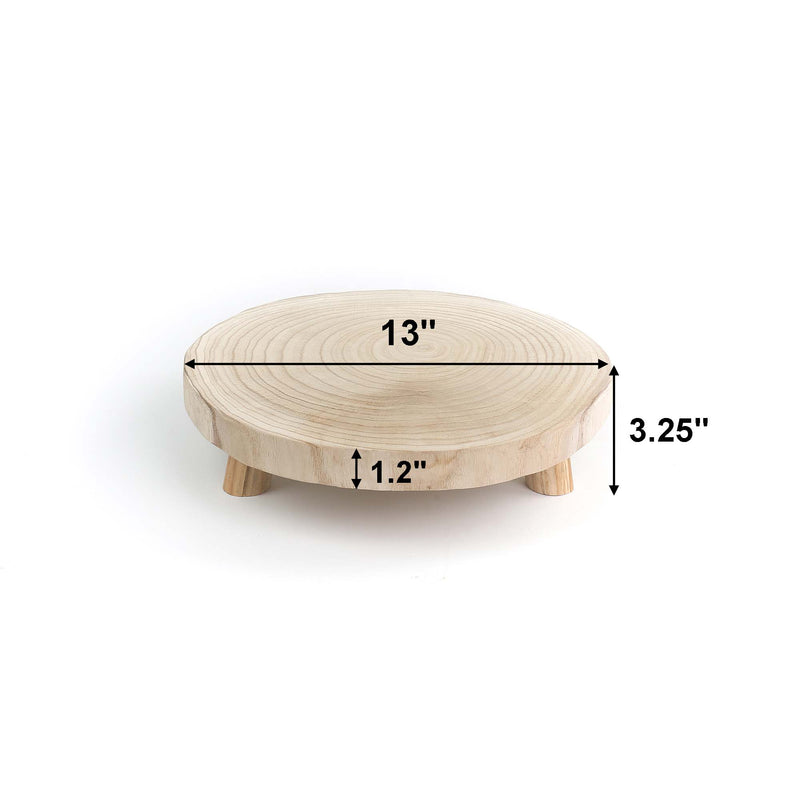 Wooden round stand with dimensions labeled on a white background