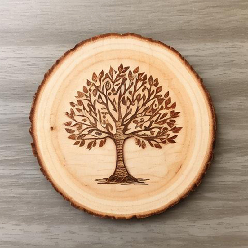 Wooden coaster with a tree engraving on a wooden surface