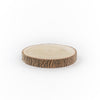 Wooden circular disc with a natural bark edge on a white background