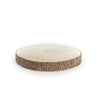 Round wooden coaster with natural edge on a white background