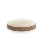Round wooden coaster with natural edge on a white background