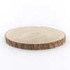 Round wooden disc with a natural bark edge on a white background