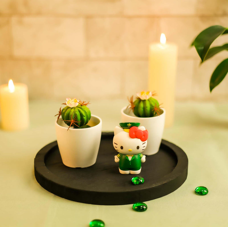 Decorative setup with potted cacti, a Hello Kitty figurine, and candles on a table.