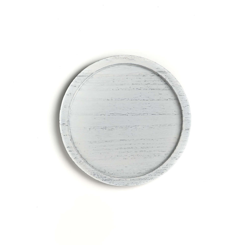 Round wooden tray with a light gray finish on a white background