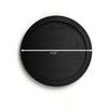 Black round tray with measurement label on a white background