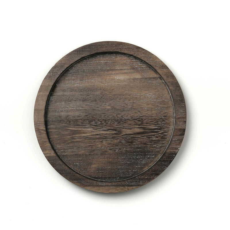 Round wooden tray on a white background