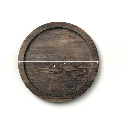 Wooden round coaster with measurement label on a white background
