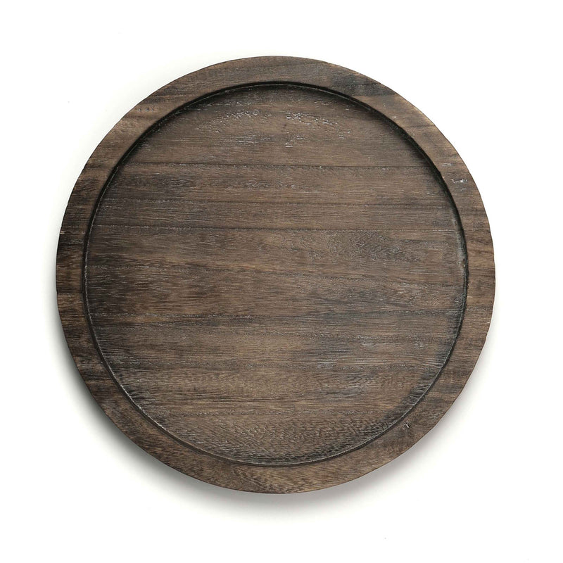 Round wooden tray with a dark brown finish on a white background