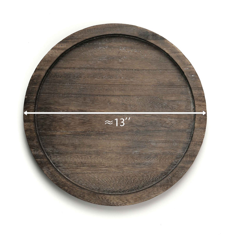Wooden round tray with measurement label on a white background