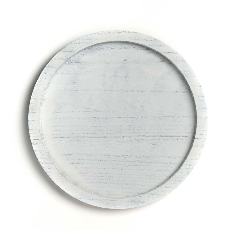 Round wooden tray with a light gray finish on a white background