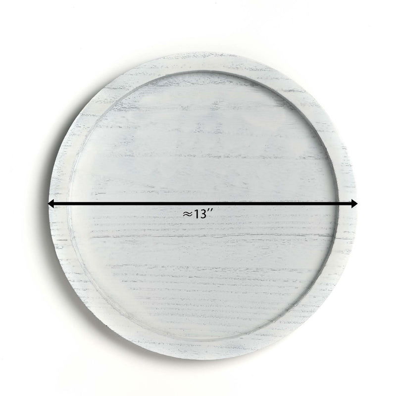 Round white tray with measurement label on a white background