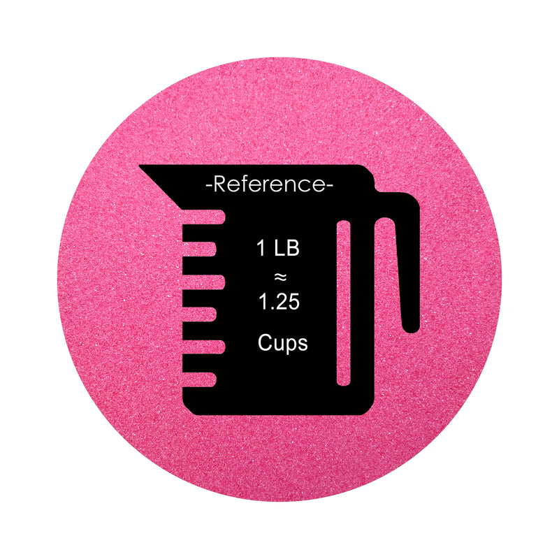 Fuchsia colored sand arranged in a circular shape on a white background colored sand in a circular shape with a measuring cup showing quantity.
