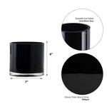 Black glass tumbler with measurements and finish details on a white background