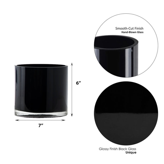 Black glass tumbler with measurements and finish details on a white background