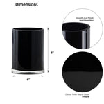 Black glass vase with dimensions and finish details on a white background